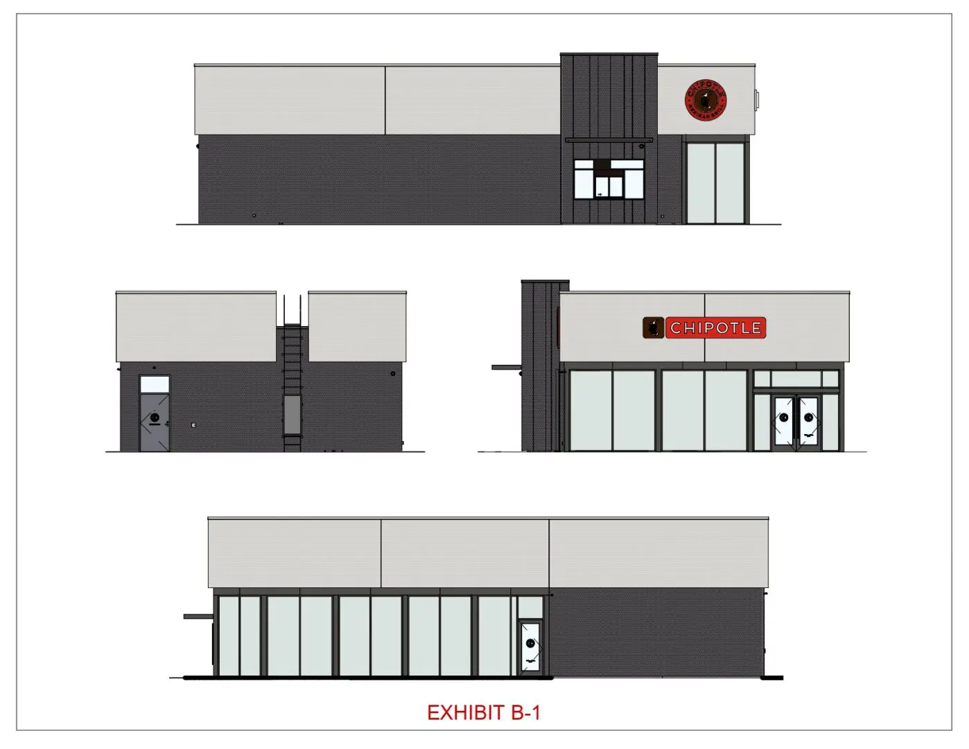 Building elevations with Chipotle signage design.