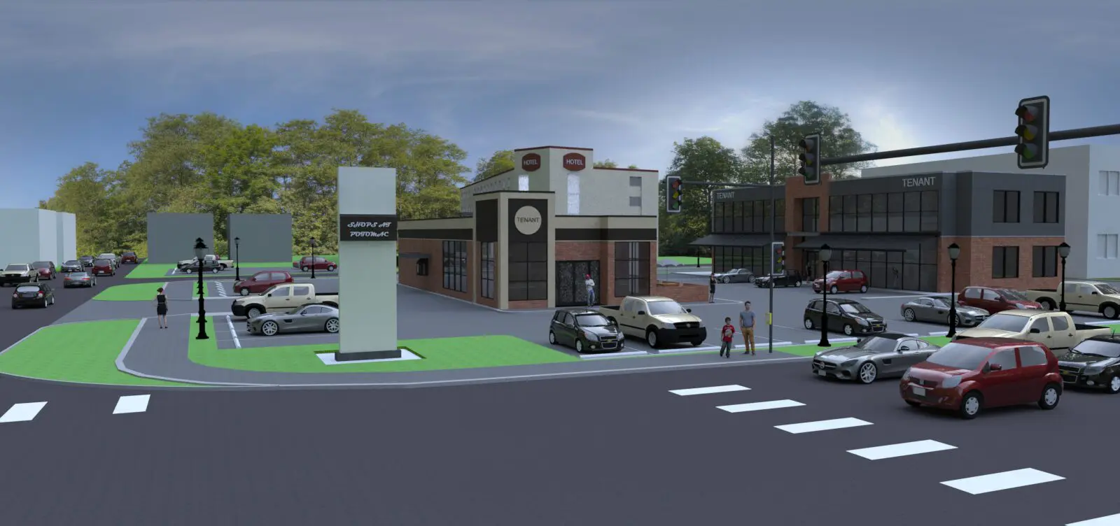 Street intersection with buildings and parked cars.
