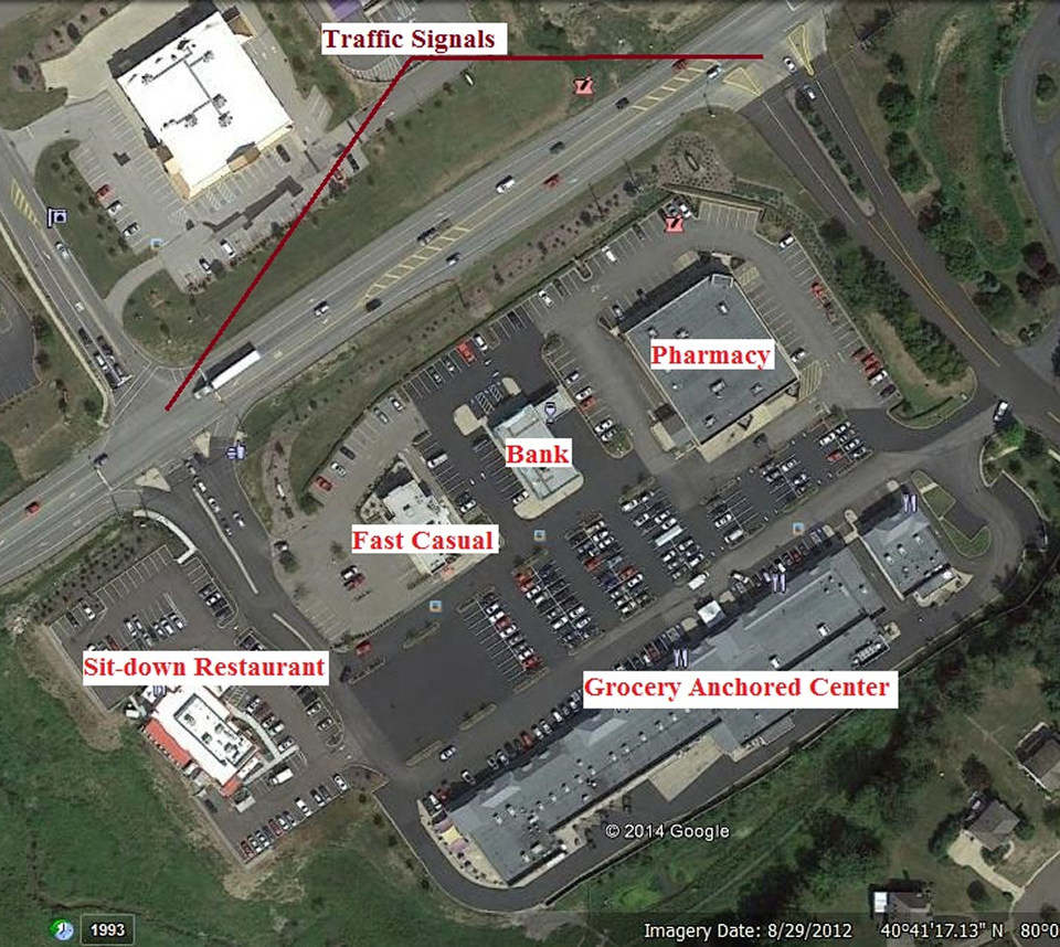 Aerial view of shopping center and roads.