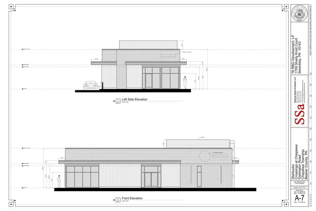 Architectural elevation drawings of modern single-story building