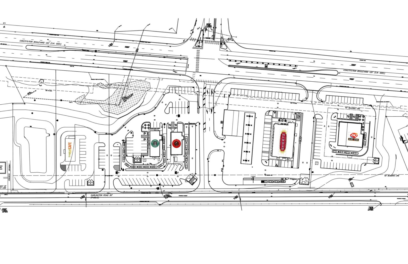 Site plan with various commercial buildings layout.