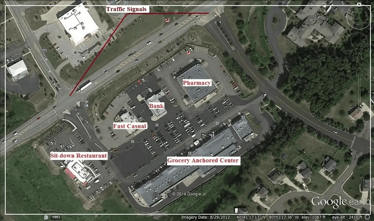 A map of the location of traffic signals and parking.